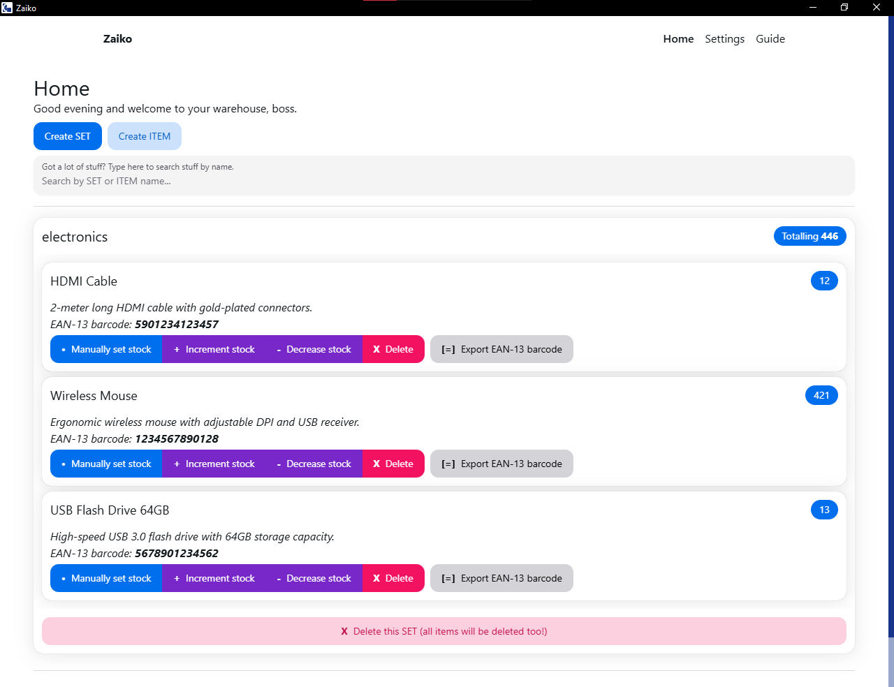 Zaiko's home screen.